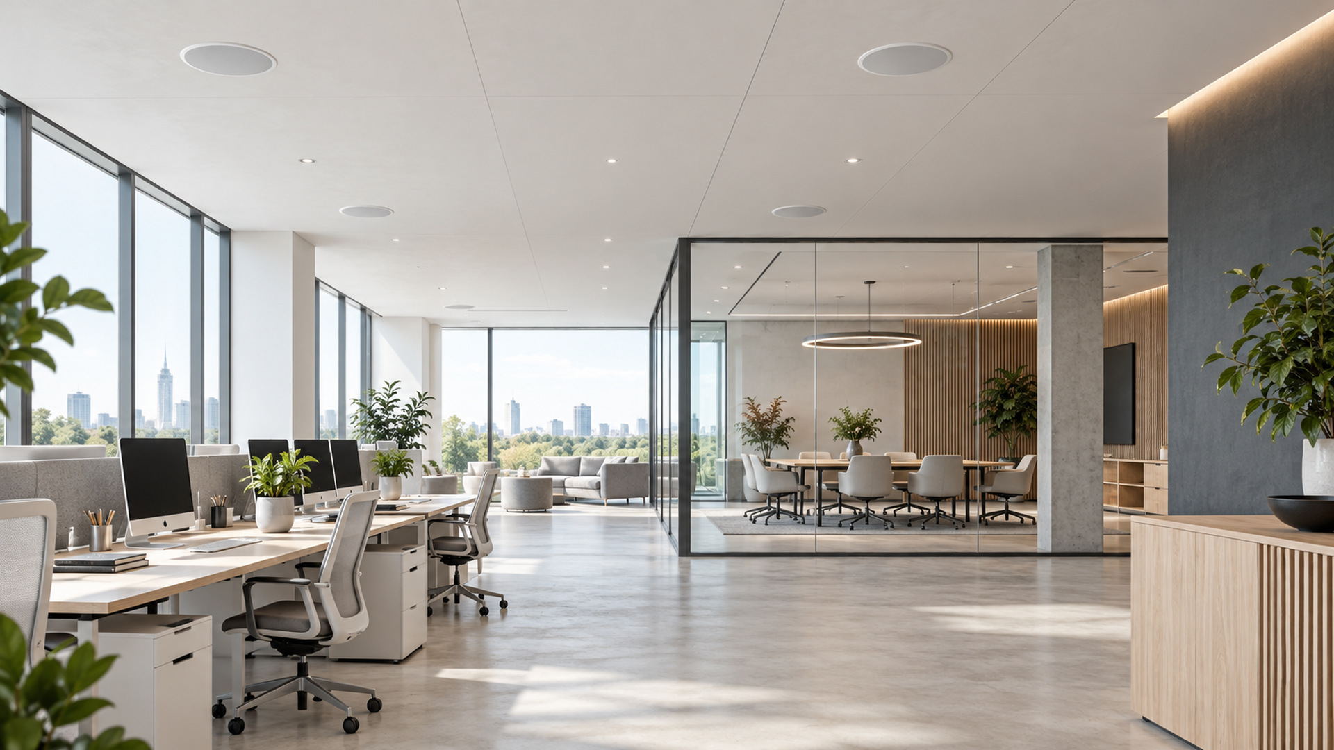 Modernes Büro mit Besprechungsraum und Deckenlautsprechern