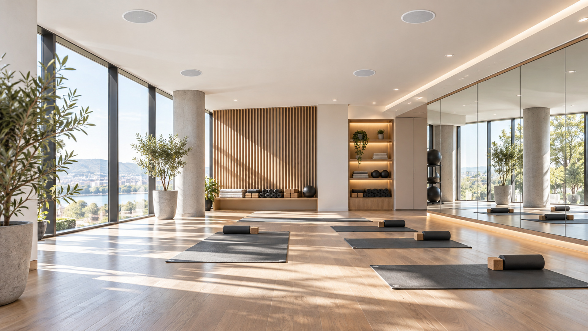 Fitnessstudio mit Kursraum und Deckenlautsprechern