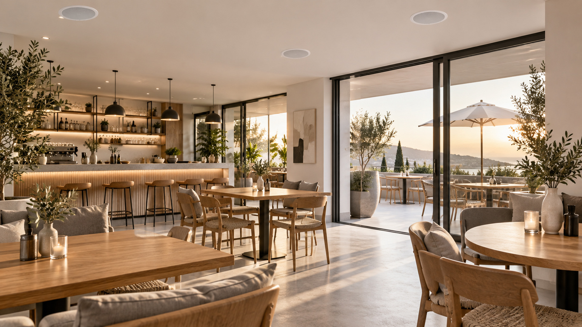 Modernes Café-Restaurant mit Deckenlautsprechern und Terrasse