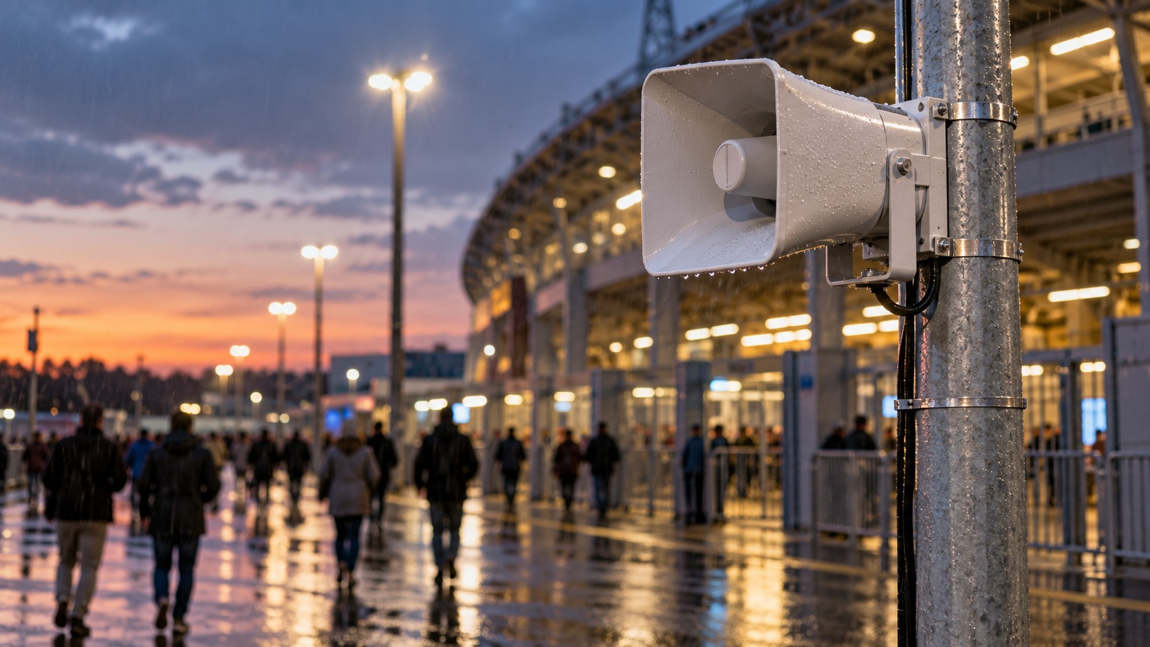 Wetterfester Lautsprecher an einem Mast vor einem Stadion bei Regen