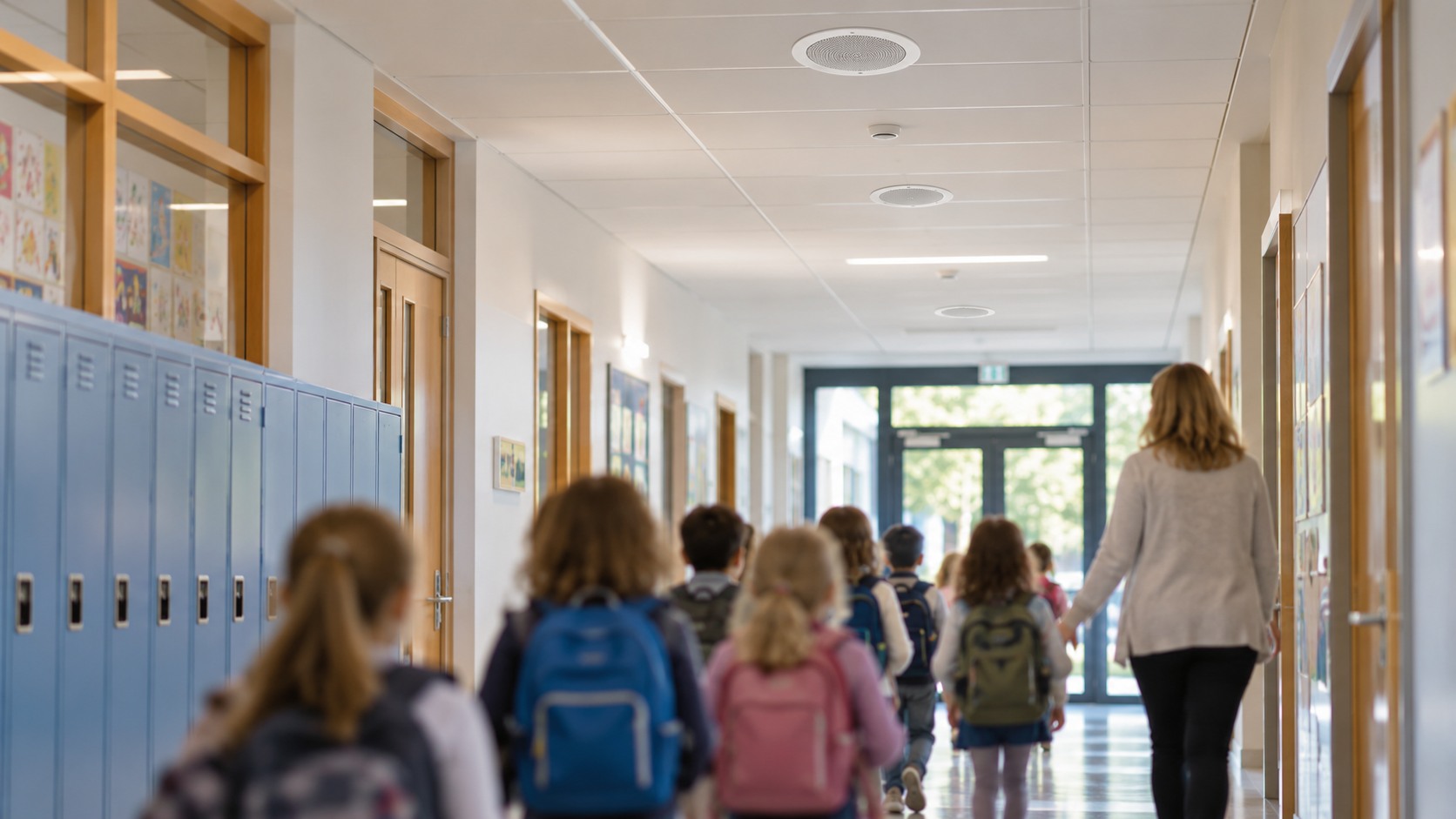 Schulflur mit Kindern und Lehrerin, an der Decke Lautsprecher der Sprachalarmanlage