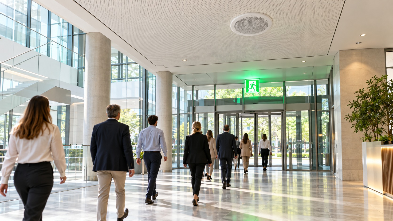 Menschen verlassen ruhig ein Gebäude, im Deckenbereich ein Lautsprecher der Sprachalarmanlage