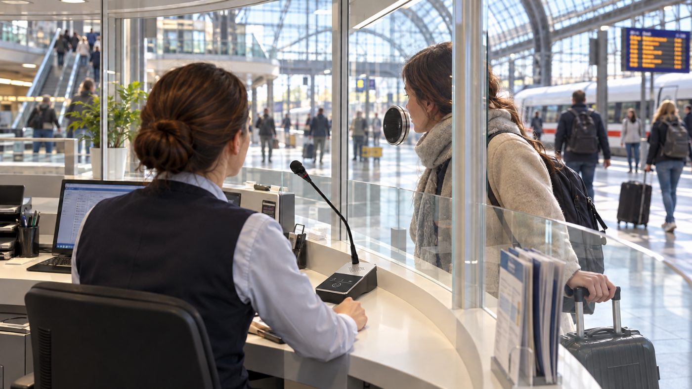 Schaltersprechanlage DAN-INTERCOM-1 am Infoschalter im Bahnhof: Hauptstelle mit Schwanenhalsmikrofon und Außeneinheit an der Glasscheibe