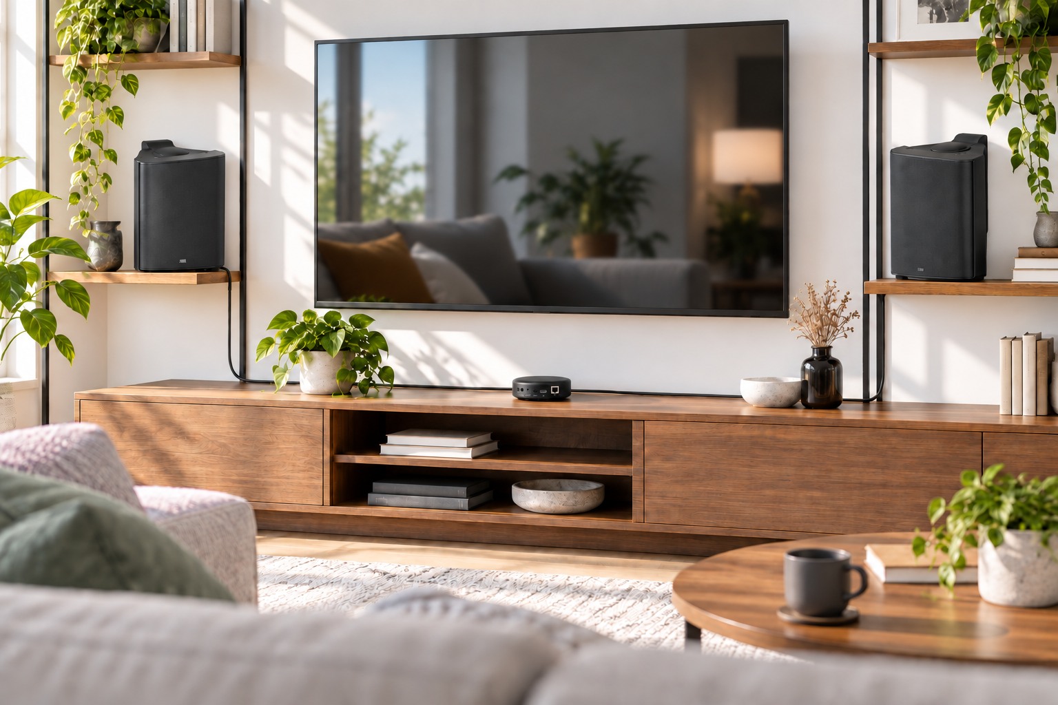 DAN-AMP-100 WA Set mit zwei Lautsprecherboxen im Wohnzimmer