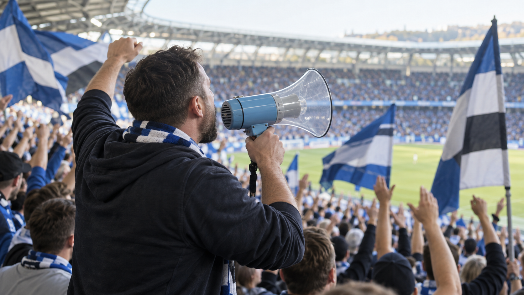 Fanszene im Stadion mit Megafon bei einer Ansage