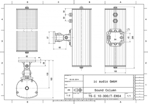 TS-C 10-300/T-EN54 Tonsäule, 10 Watt, 100 Volt, zertifiziert gem