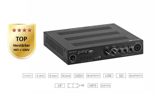Kompakter 100V und HiFi Stereo-Mischverstärker mit Player + Bluetooth