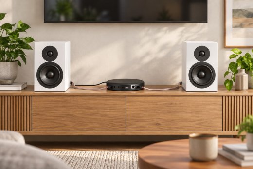 Fotorealistische Visualisierung: DAN-AMP-100 mit passiven Standlautsprechern im Wohnzimmer