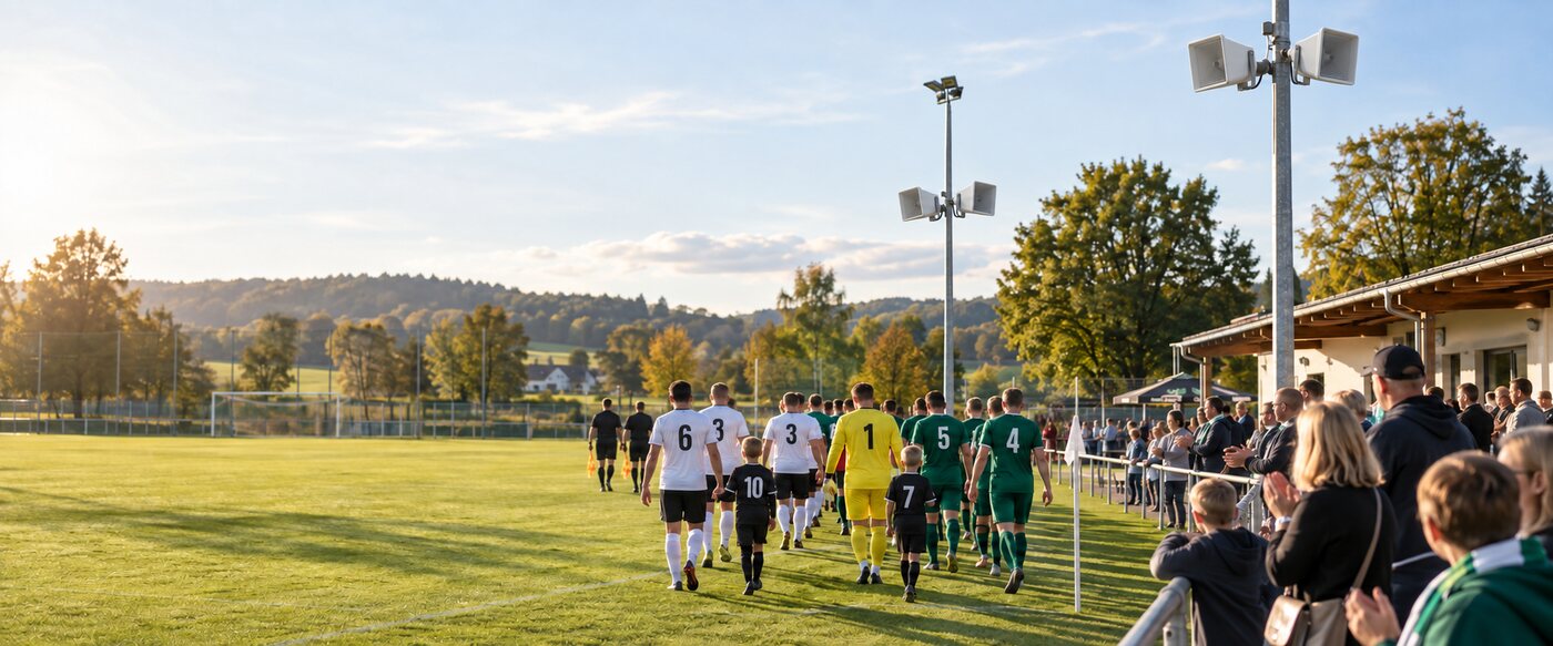 Fußballmannschaften beim Einlauf auf einem Sportplatz mit installierten 2-Wege-Musikhörnern