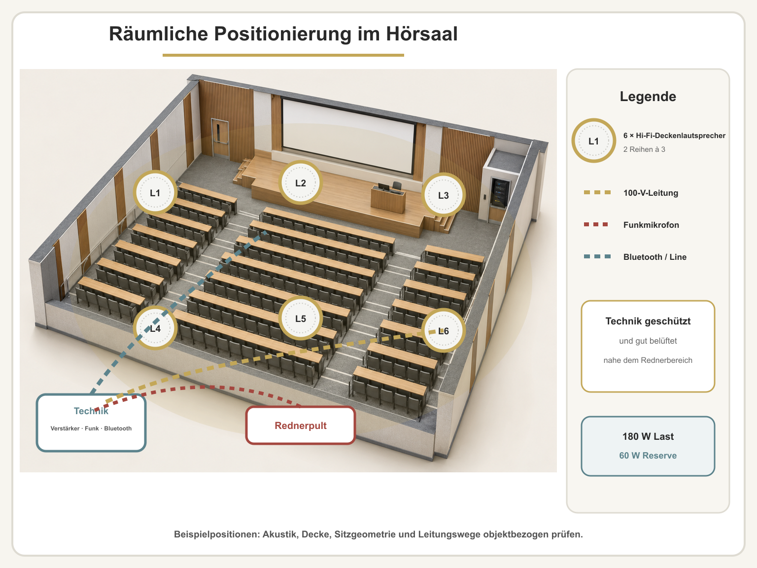 Räumliche Anwendungsansicht Hörsaal-Beschallung für Sprache und Medien – 100-V-Deckenlautsprecher-Set