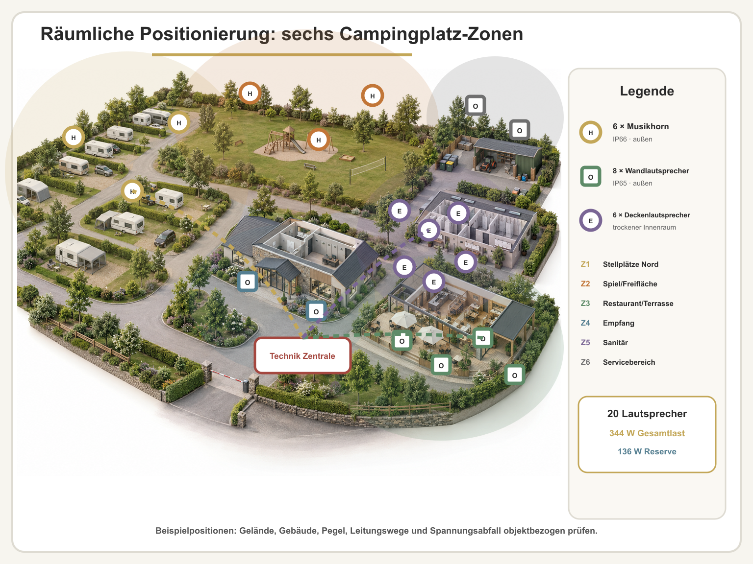 Räumliche Anwendungsansicht Campingplatz-Beschallung für sechs Zonen – 100-V-Lautsprecher-Set