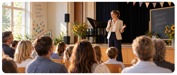 Emotionales Anwendungsbild: Rede bei einer Schulveranstaltung; Anlage separat abgebildet.