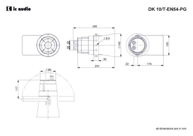 Technische Zeichnung DK 10/T-EN54-PG mit Abmessungen