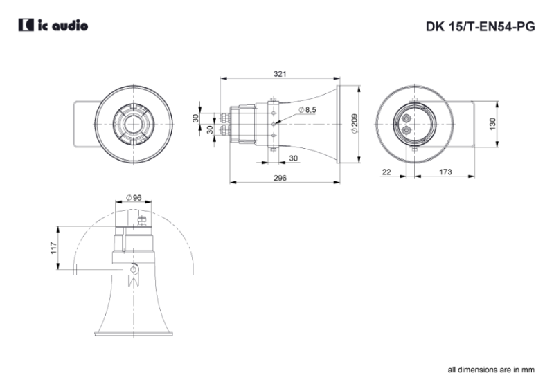 Technische Zeichnung DK 15/T-EN54-PG mit Abmessungen