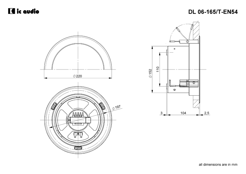 Technische Zeichnung DL 06-165/T-EN54 mit Abmessungen