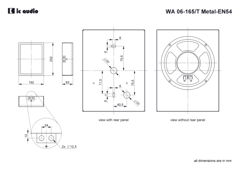 Technische Zeichnung WA 06-165/T Metall-EN54 mit Abmessungen