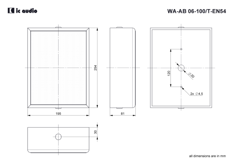 Technische Zeichnung WA-AB 06-100/T-EN54 mit Abmessungen