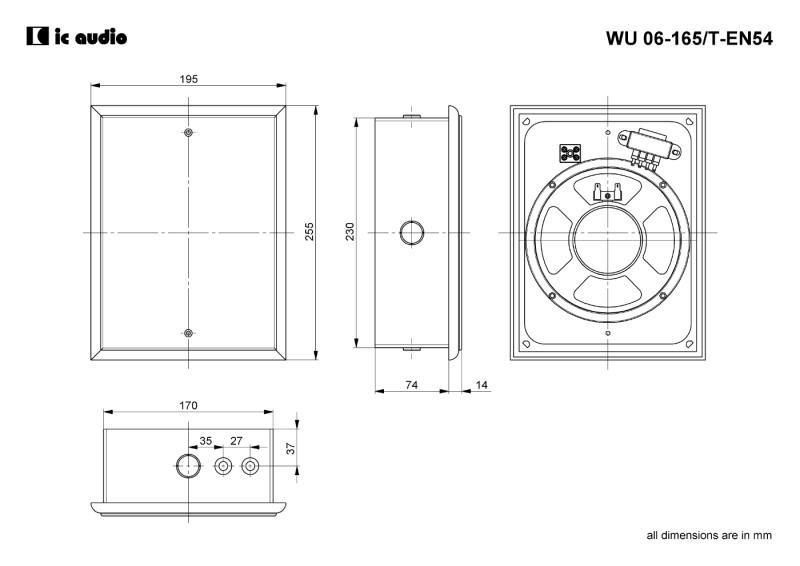 Technische Zeichnung WU 06-165/T-EN54 mit Abmessungen