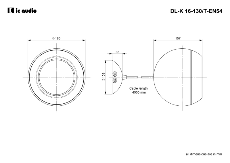 Technische Zeichnung DL-K 16-130/T-EN54 mit Abmessungen