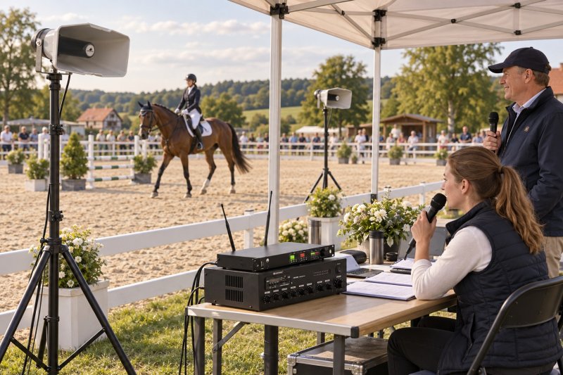 ELA-200 100-V-Durchsageanlage mit wetterfesten IT-35 Hornlautsprechern auf Stativen und zwei Funkmikrofonen am Reitplatz