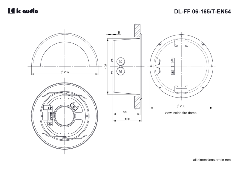 Technische Zeichnung DL-FF 06-165/T-EN54 mit Abmessungen