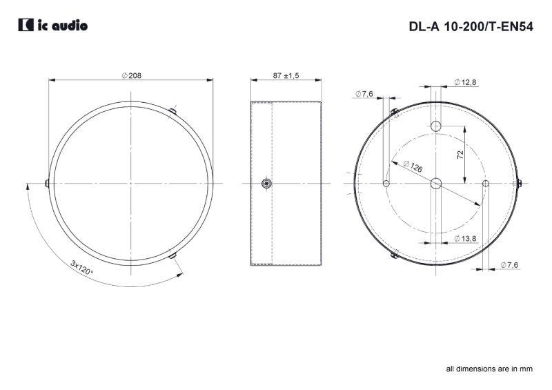 Technische Zeichnung DL-A 10-200/T-EN54 mit Abmessungen