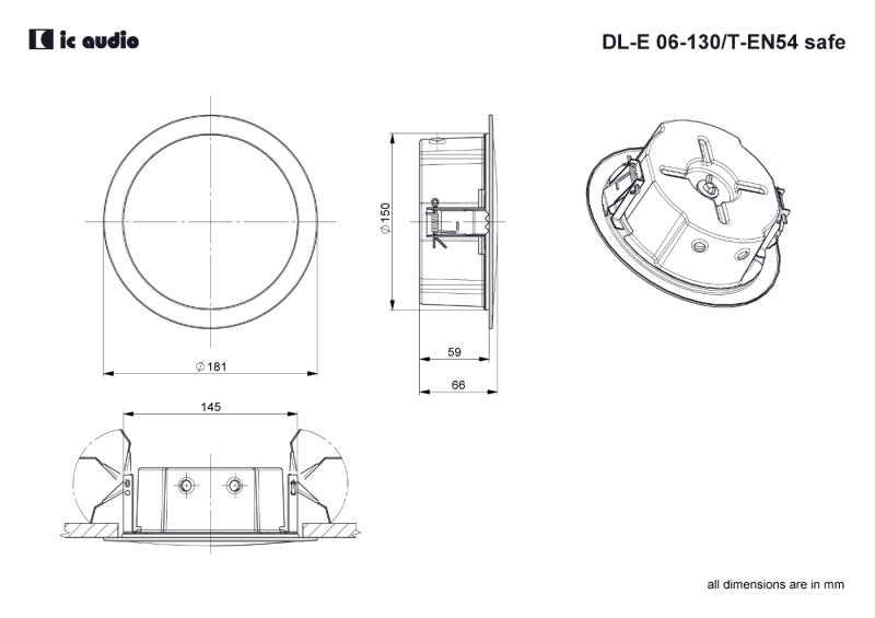 Technische Zeichnung DL-E 06-130/T-EN54 safe mit Abmessungen