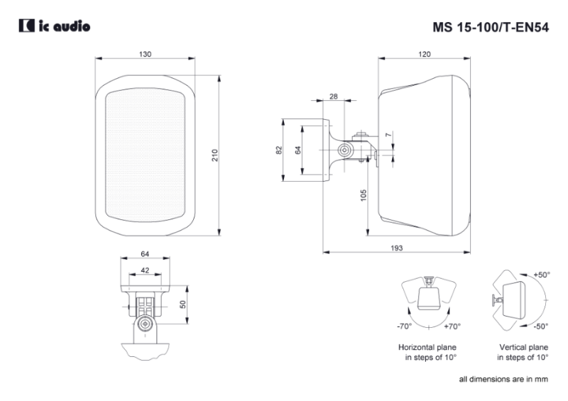 Technische Zeichnung MS 15-100/T schwarz-EN54 mit Abmessungen