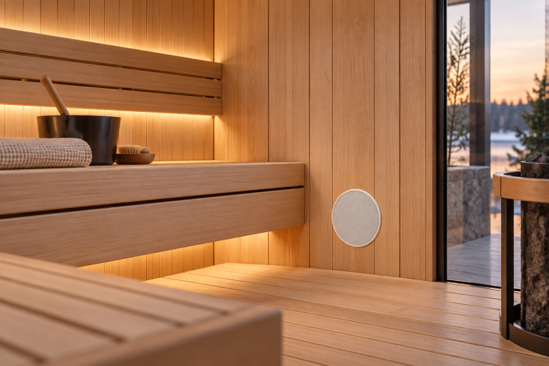 Premium-Sauna mit tief montiertem WHD Marine-Einbaulautsprecher