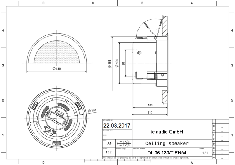Technische Zeichnung DL 06-130/T-EN54 mit Abmessungen