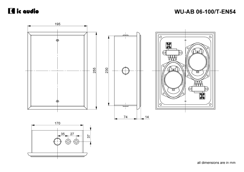 Technische Zeichnung WU-AB 06-100/T-EN54 mit Abmessungen