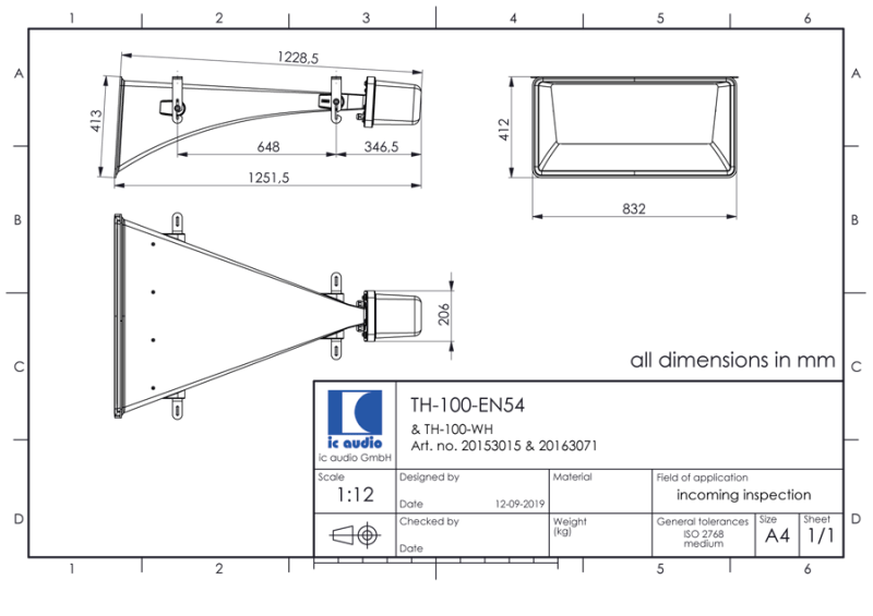 Technische Zeichnung TH-100 black-EN54 mit Abmessungen