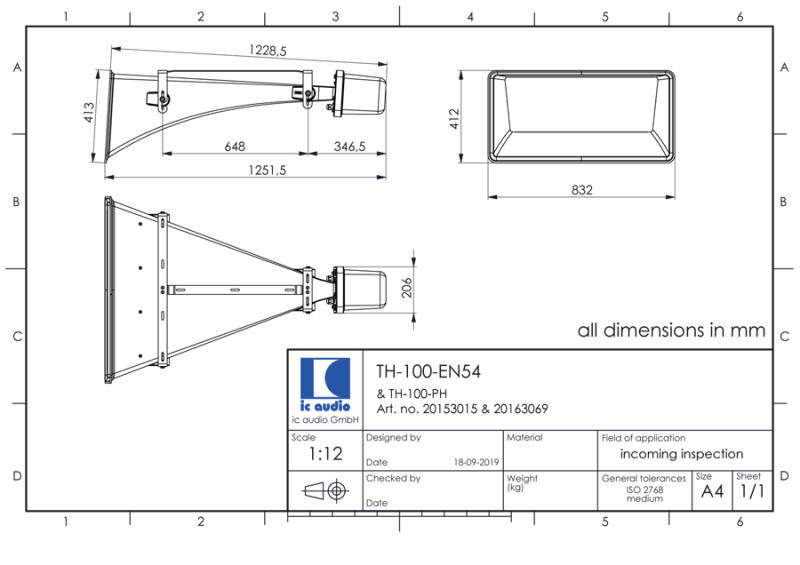 Technische Zeichnung TH-100 black-EN54 mit Abmessungen