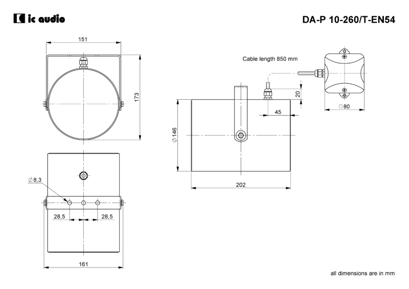 Technische Zeichnung DA-P 10-260/T-EN54 mit Abmessungen