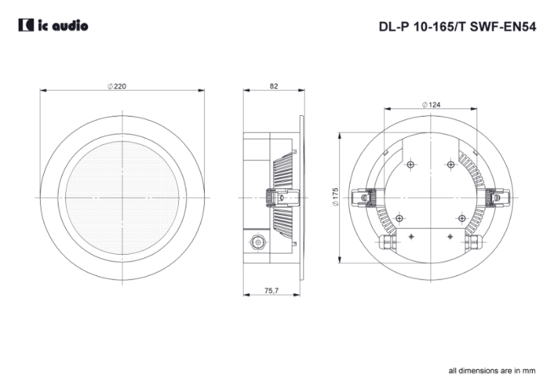 Technische Zeichnung DL-P 10-165/T SWF-EN54 mit Abmessungen
