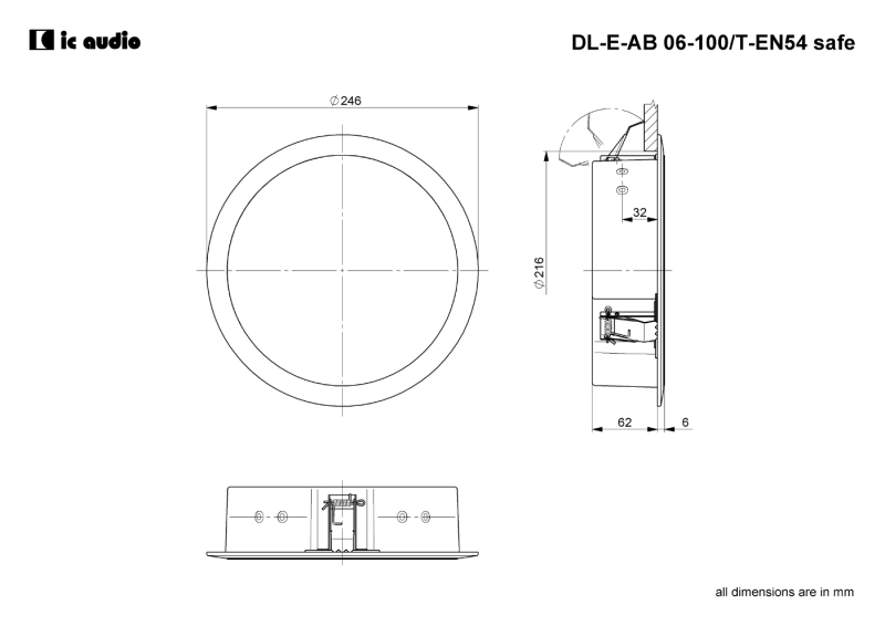 Technische Zeichnung DL-E-AB 06-100/T-EN54 safe mit Abmessungen