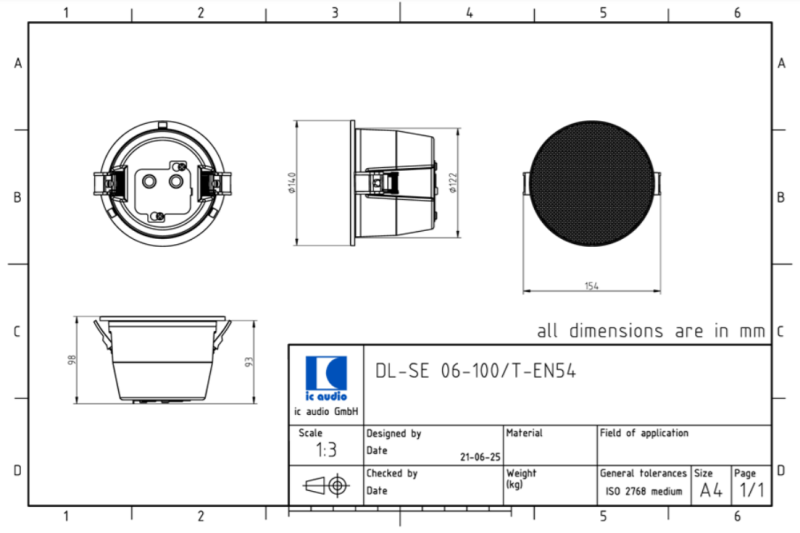 DL-SE 06-100/T-EN54 Deckenlautsprecher 100V , 6W
