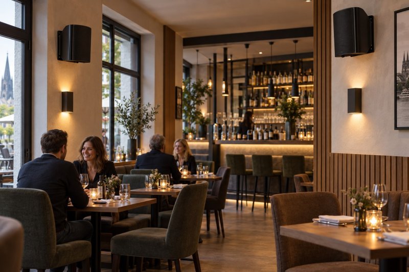 Schwarzes DAN-WiFi-500 Multiroom-Lautsprecher-Set zur Wandmontage in einem deutschen Restaurant
