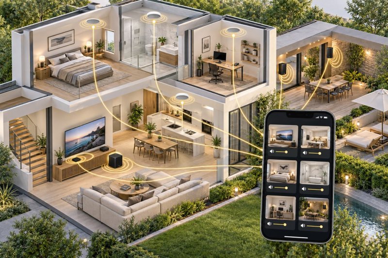 Komplettes MARD-AUDIO Multiroom-System mit Deckenlautsprechern, DAN-WiFi-500 im Außenbereich und App