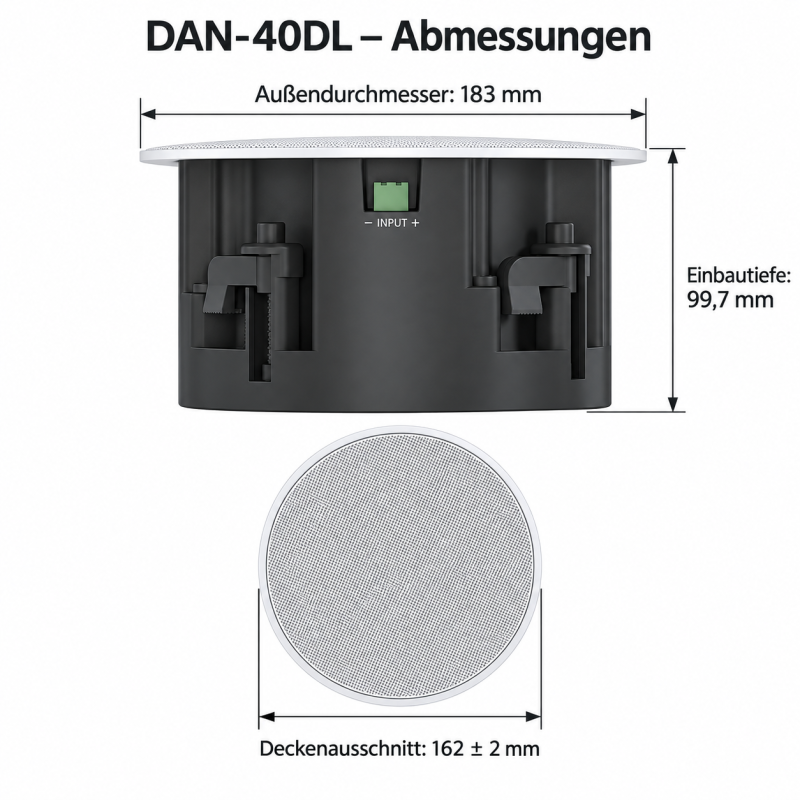 Maßzeichnung DAN-40DL mit 183 mm Außendurchmesser 99,7 mm Einbautiefe und 162 mm Deckenausschnitt
