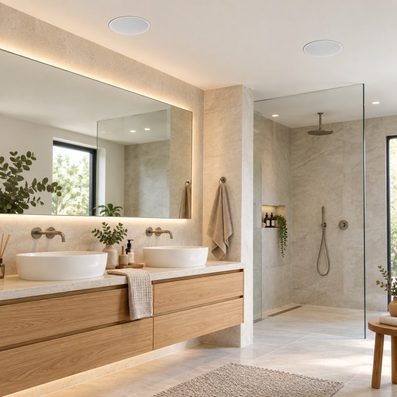 DAN-40DL Deckenlautsprecher-Set im trockenen Badezimmerbereich außerhalb der Dusche