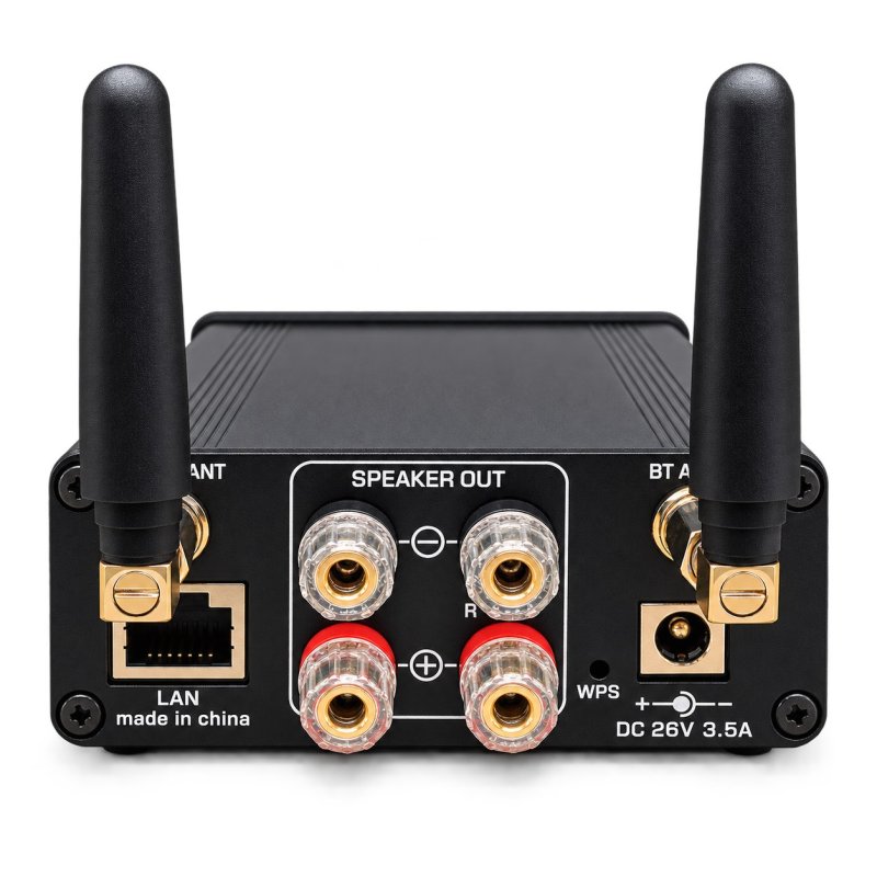 Rückansicht des DAN-WiFi-AMP mit LAN Antennen und Lautsprecheranschlüssen