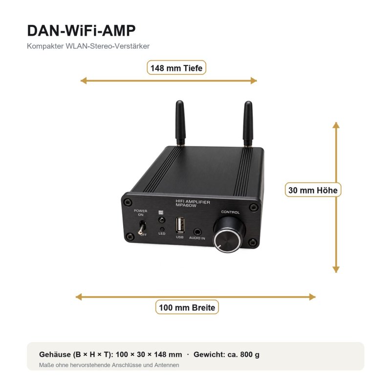 Abmessungen des DAN-WiFi-AMP mit 100 mm Breite 30 mm Höhe und 148 mm Tiefe