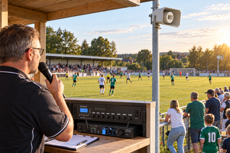 Fotorealistisches Anwendungsbeispiel einer Sportplatzbeschallung mit vier wetterfesten 2-Wege-Musikhörnern
