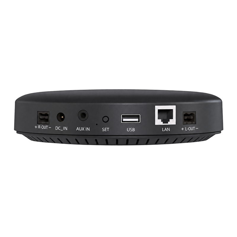 Freigestellte Produktvisualisierung des DAN-AMP-100 mit Anschlüssen; technische Belegung bitte der Geräteanleitung entnehmen.