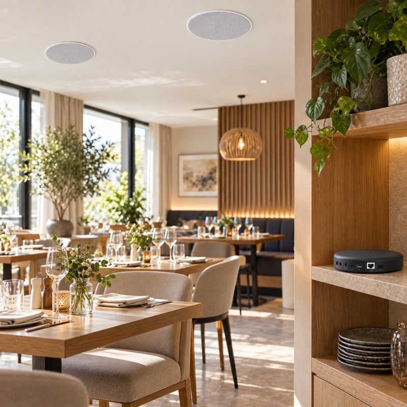 Zwei Deckenlautsprecher des DAN-AMP-100 DL Sets in einer Gastronomie