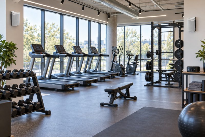 DAN-AMP-100 WA Set mit zwei weit getrennten WB 13 Lautsprechern im Fitnessraum