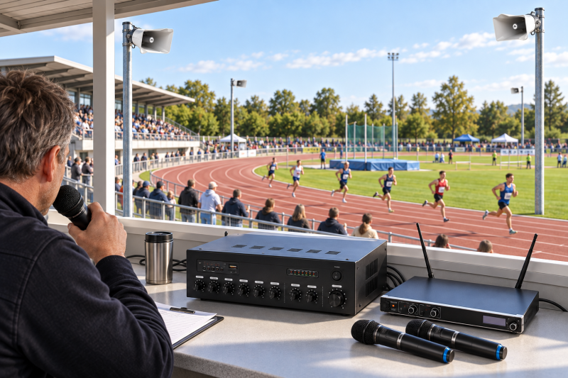 Illustratives Anwendungsbeispiel einer fest installierten Durchsageanlage mit vier Lautsprechern und Zweikanal-Funkmikrofon auf einem Leichtathletikplatz