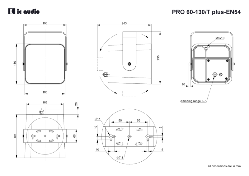 Technische Zeichnung PRO 60-130/T plus white-EN54 mit Abmessungen