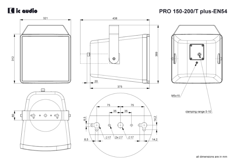 Technische Zeichnung PRO 150-200/T plus white-EN54 mit Abmessungen